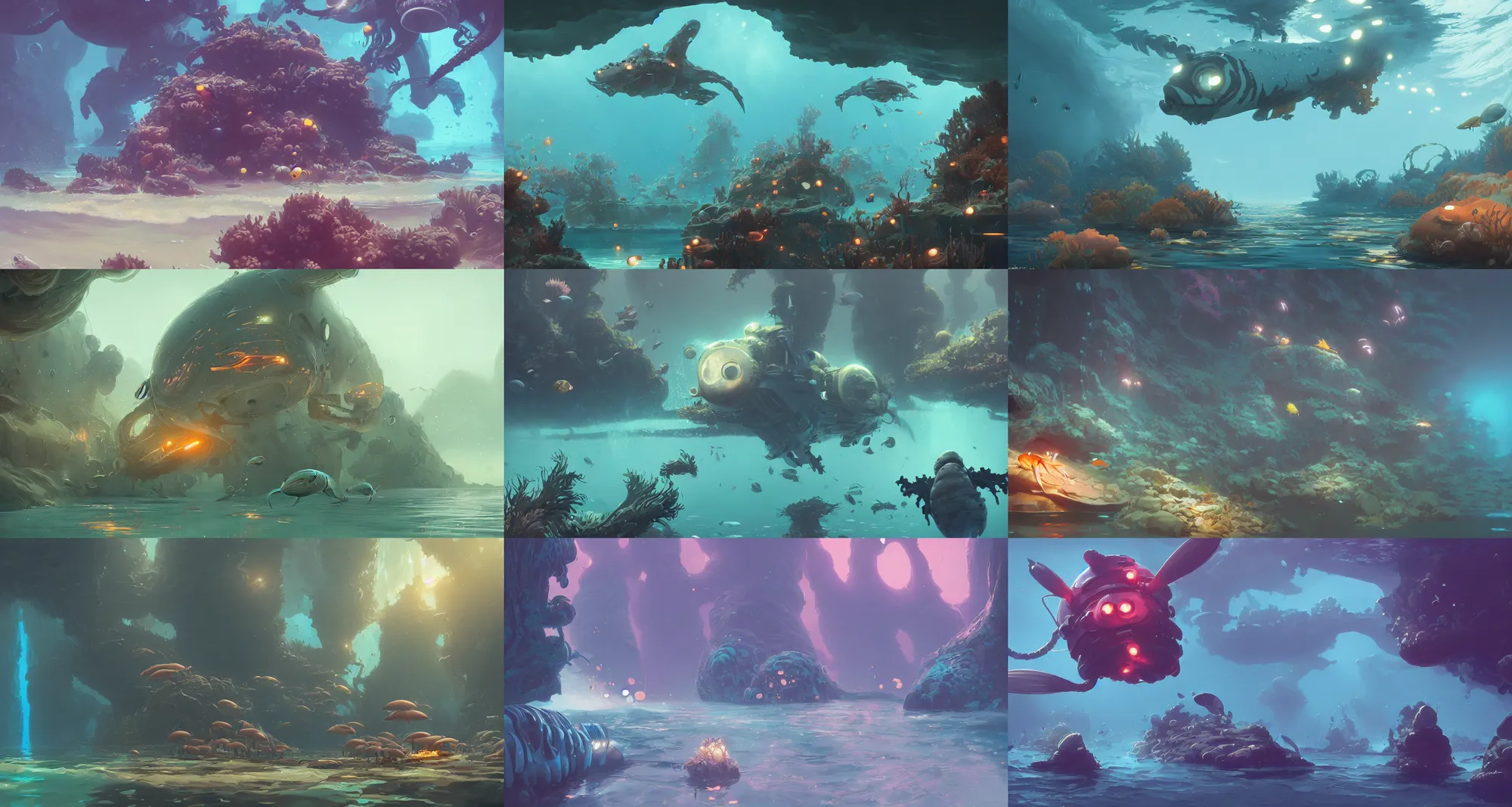 Prompt: a beautiful detailed matte painting of underwater creatures by alejandro burdisio, by ghibli, by atey ghailan, by greg tocchini, by james gilleard, dynamic lighting, bioluminescence, vibrant, clean, ultra detailed, sharp, octane render, cgsociety, 8 k hdr, artstation