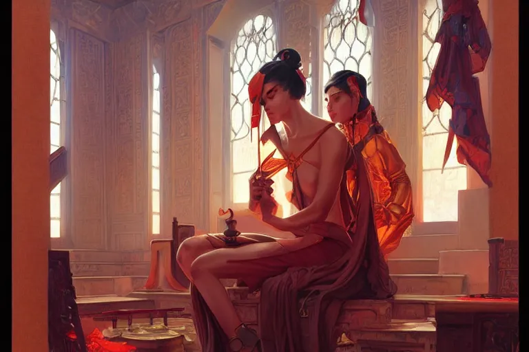 Image similar to temple, taoism, painting by greg rutkowski, j. c. leyendecker, artgerm, tom of finland