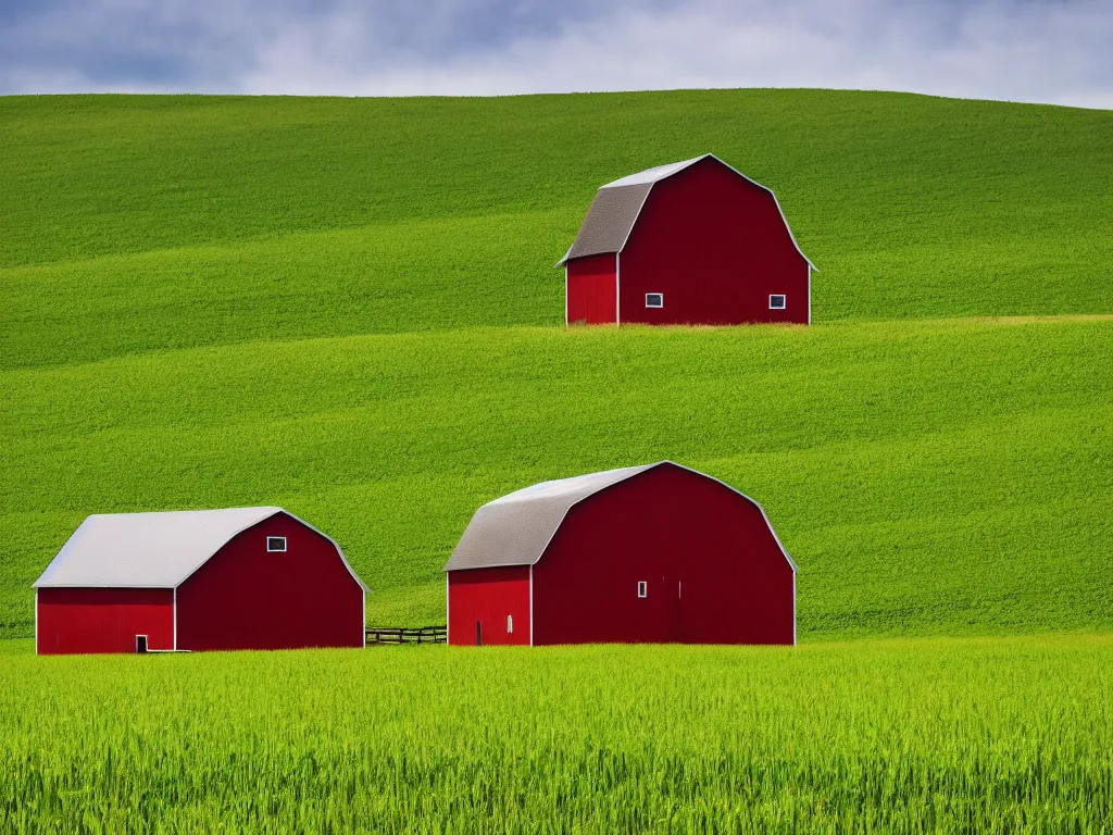 Image similar to A single isolated red barn next to a wheat crop in a lush ravine at noon. Landscape photography, surreal, dreamlike.