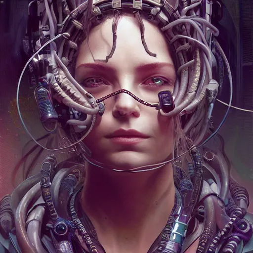 Image similar to portrait of Medusa with vr headset, cyberpunk, thick cables on the head, futuristic hi-tech details, ominous, intricate, art by anthony macbain + greg rutkowski + alphonse mucha, concept art, 4k, sharp focus, cinematic unreal engine