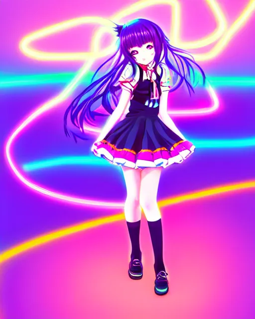 Image similar to anime style, vivid, expressive, full body, 4 k, painting, a cute magical girl idol with a long wavy colorful hair wearing a colorful dress, correct proportions, stunning, realistic light and shadow effects, neon lights, studio ghibly makoto shinkai yuji yamaguchi