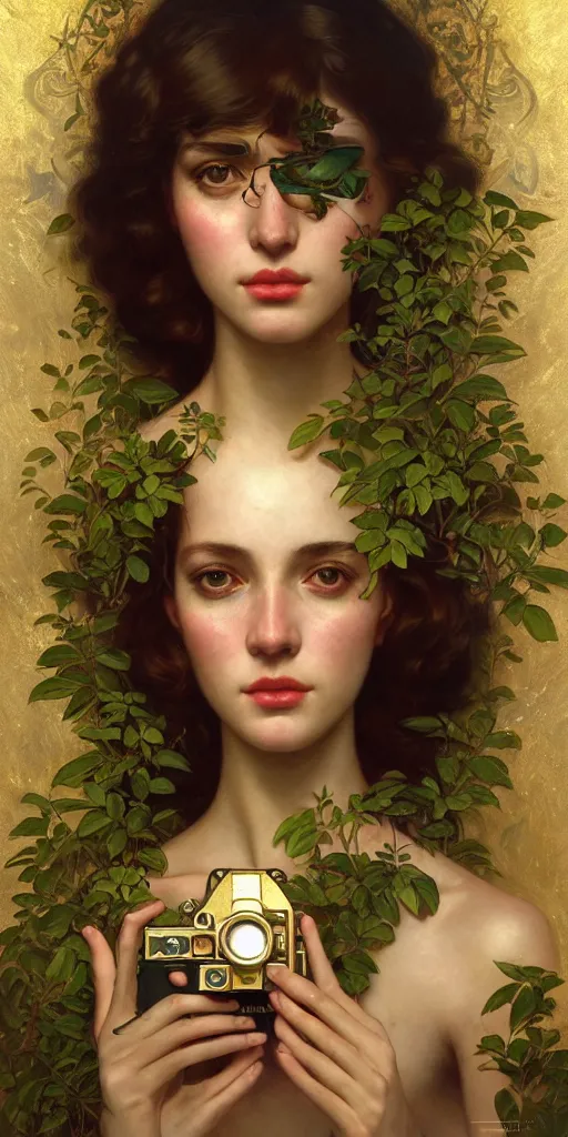 Image similar to hyper realistic photographer looking through a vintage medium format camera, design on white background, beautiful details, lush foliage cyberpunk, gold, drawn by john singer sargent, tom bagshaw, norman rockwell, alphonso mucha, lolish, trending on artstation