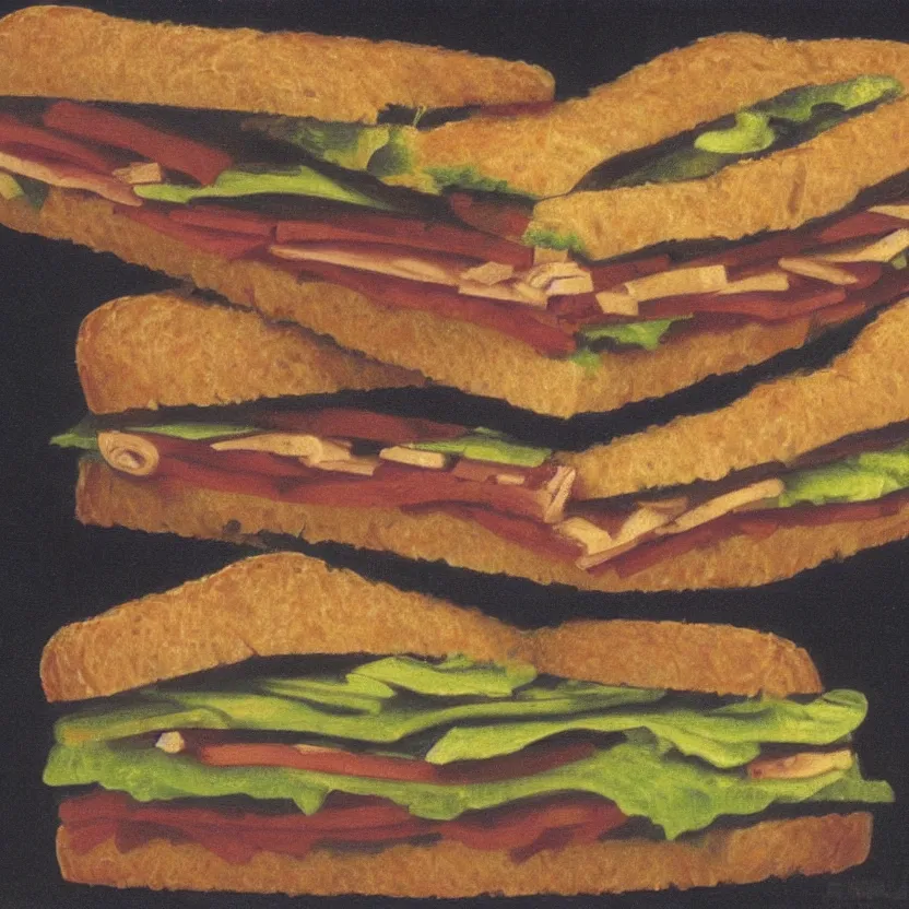 Image similar to a painting of a sandwich by m. c. escher.