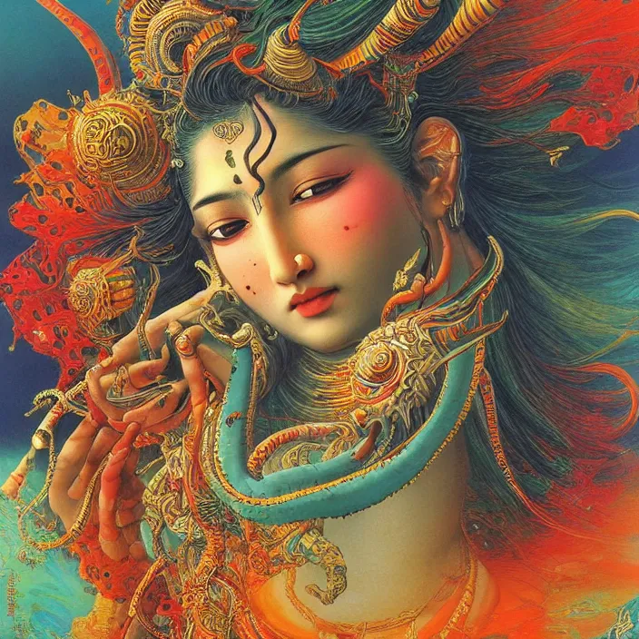 Image similar to One many-armed Shiva. Background in colorful patterns. High detail, hyperrealism, masterpiece, solo, rich deep colors, realistic, art by Yoshitaka Amano, Ivan Aivazovsky