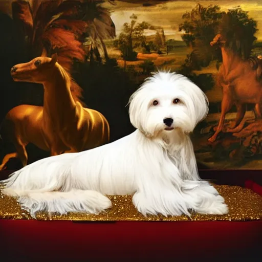 Prompt: a cream - colored havanese dog lying on top of a large plastic sequined horse, a renaissance painting in the background, photo by david lachapelle, behance, transgressive art, freakshow, official album art