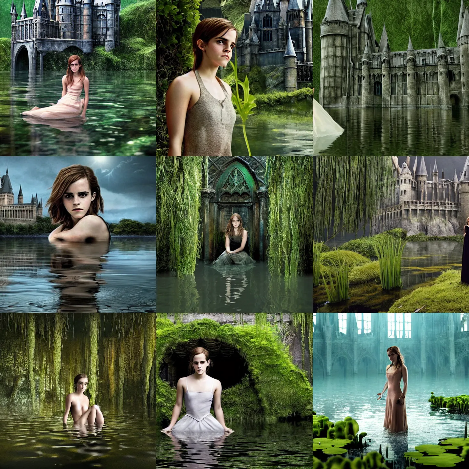 Prompt: emma watson alone, submerged in an empty dark flooded hogwarts castle overgrown with aquatic plants