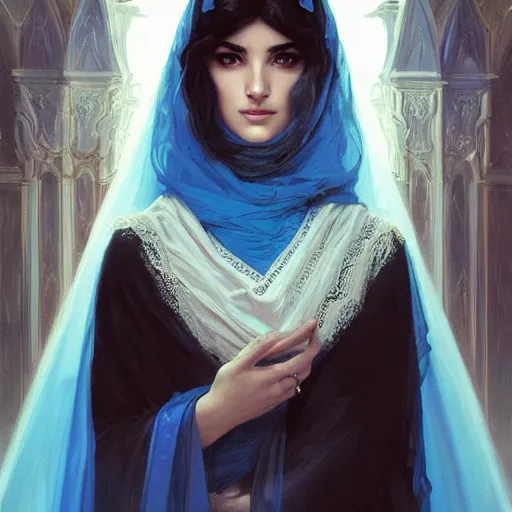 Prompt: ameera al taweel, bright blue eyes, long wavy black hair, white veil, digital painting, artstation, concept art, smooth, sharp focus, illustration, ArtStation, art by artgerm and greg rutkowski and alphonse mucha and Edmund Blair Leighton