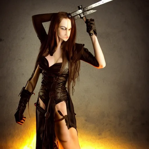 Image similar to long shot photo of a female vampire warrior with weapons