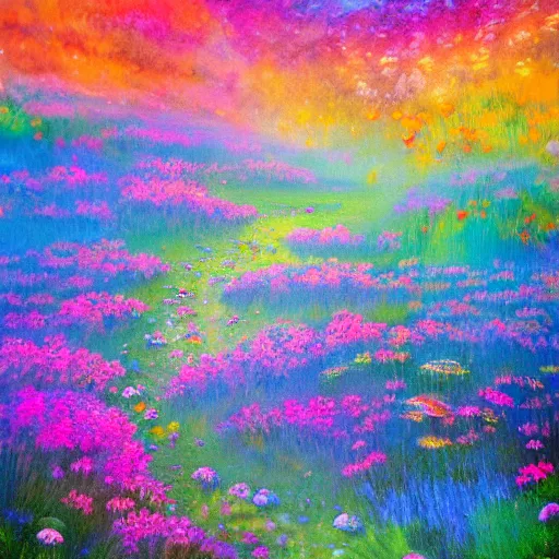 Image similar to an impressionist painting of a gorgeous meadow filled with colorful mushrooms with a stream flowing through it, psychedelic colors, colorful sky in background, high detail, trending on artstation