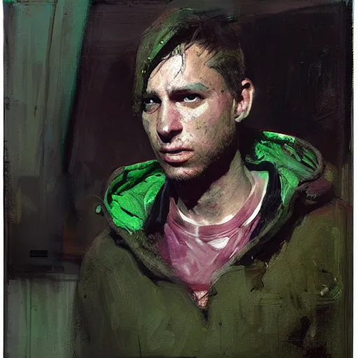 Prompt: portrait of a chad programmer with green hood by jeremy mann, dramatic lighting, close up