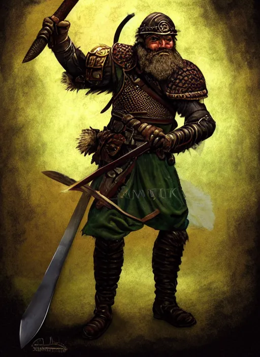 Image similar to strong young man, photorealistic bugbear ranger holding a flaming sword, black beard, dungeons and dragons, pathfinder, roleplaying game art, hunters gear, jeweled ornate leather and steel armour, concept art, character design on white background, by alan lee, norman rockwell, makoto shinkai, kim jung giu, poster art, colours red and green