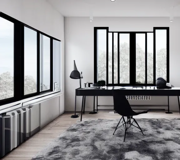 Image similar to brutalist black mansion luxury home office tall windows interior design minimalist organic, organic architecture furniture open space high quality octane render blender 8 k