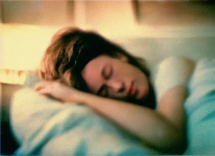 Image similar to close-up color film photography 1970s, sleeping woman, soft focus, golden hour, soft light, 35mm, film photo, nan goldin