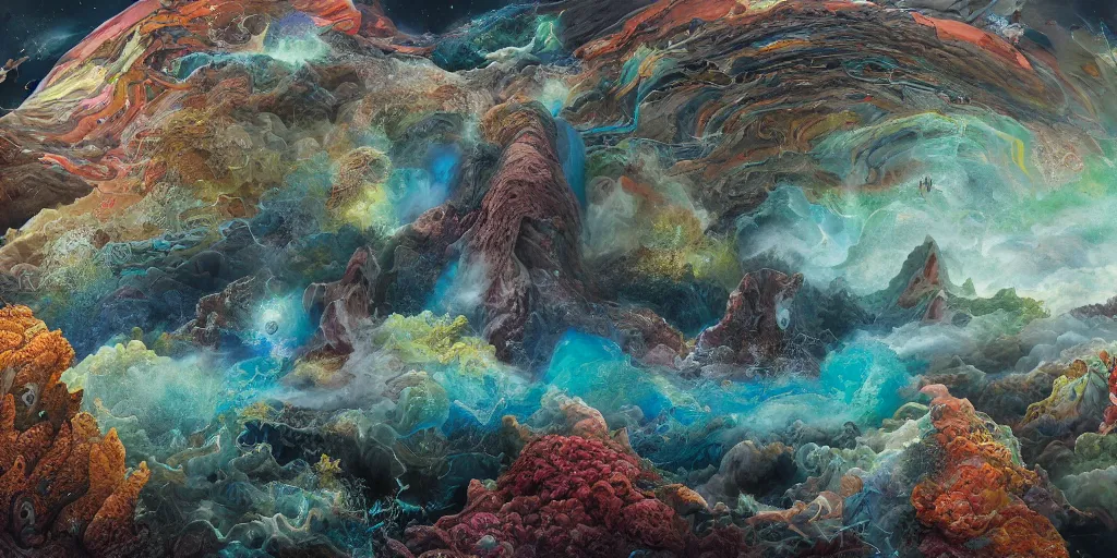 Prompt: surreal subduction zone charts of land and ocean , geological chart style, in focus, kim keever, peter mohrbacher, fred tomaselli, roger dean, vivid color, hyper detailed