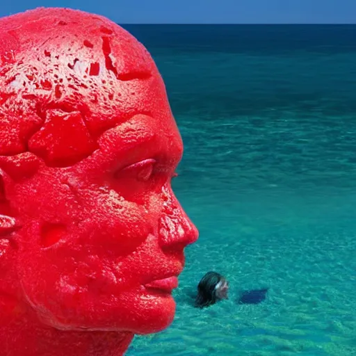 Prompt: a giant human head sculpture in the sea made out of eatable red jelly, in the style of chad knight, long shot, hyper detailed, hyper realistic, ray tracing, 8 k resolution, sharp focus, realistic water, award winning