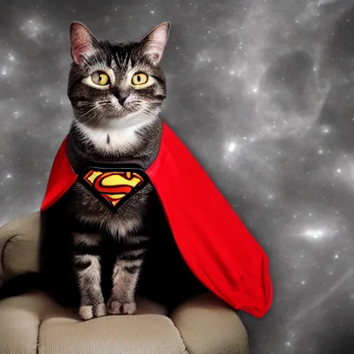 Image similar to a cat wearing superman cape, a red cape floating through galaxies of space on a recliner chair, cosmic rays, dramatic lighting, spirals galaxies