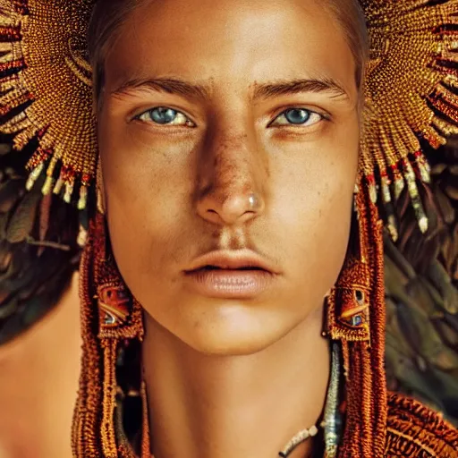 Image similar to portrait of a stunningly beautiful tribal female, depth of field, zeiss lens, detailed, symmetrical, centered, fashion photoshoot, by Annie Leibovitz and Steve McCurry, David Lazar, Jimmy Nelsson, Breathtaking, 8k resolution, extremely detailed, beautiful, establishing shot, artistic, hyperrealistic, beautiful face, octane render