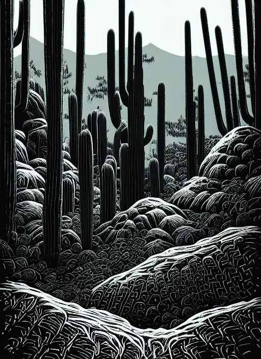 Image similar to art by brian reedy, a beautiful black ink linocut print of the giant cactus forest baja mexico, 8 k, frostbite 3 engine, cryengine, ground level shot, dof, trending on artstation, digital art, crepuscular ray