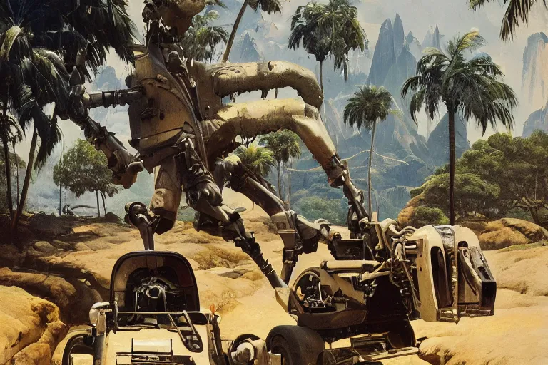 Prompt: natural american landscape | robot repairing another robot | palm trees | snowy mountains, painting by syd mead and weta studio and james jean, frank frazetta, highly detailed, rule of third, soft lighting, 8 k resolution, oil on canvas, architectural magazine, beautiful detailed, insanely intricate details, artstation trending, hypermaximalistic, high details, cinematic