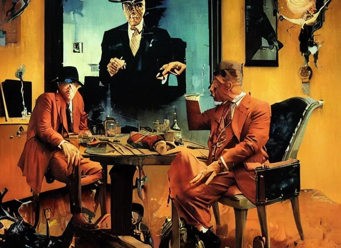 Prompt: a still from the movie godfather by of francis bacon, surreal forest, norman rockwell and james jean, greg hildebrandt, and mark brooks, triadic color scheme, by greg rutkowski, in the style of francis bacon and syd mead and edward hopper and norman rockwell and beksinski, dark surrealism, open ceiling