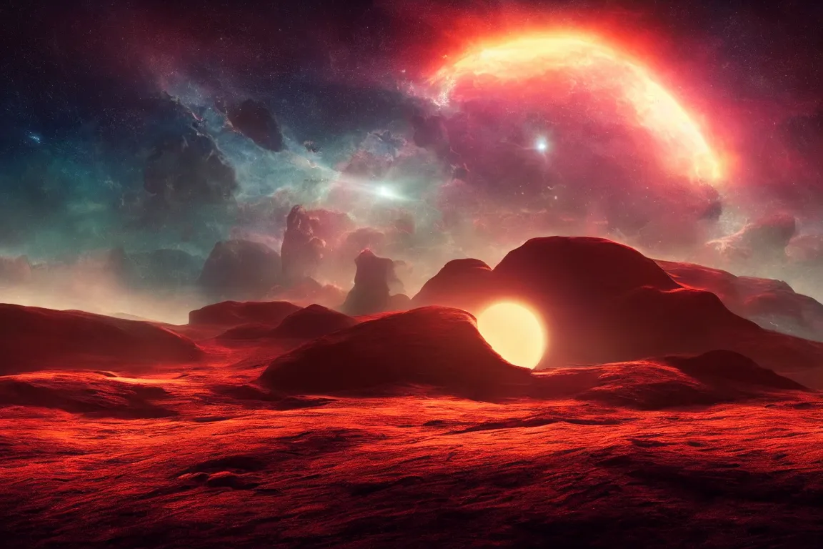 Prompt: a warm colours, high contrast dark hyperreal beautiful landscape of an alien planet with spectacular astronomical sky with a planet on the horizon, a lonely landed spaceship stands lost in the loneliness, dramatic nebula sky, volumetric lighting