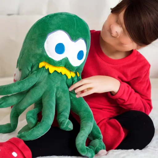 Prompt: a small girl hugging her plush Cthulhu in pajamas