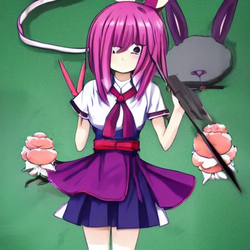 Image similar to Reisen Udongein Inaba, Touhou project, is wearing a white blouse with short sleeves, a red belt, and a blue skirt, Red eyes, long light purple hair, long rabbit ears, Wearing a white blouse, a purple skirt and a red tie, a carrot-shaped clip on the tie