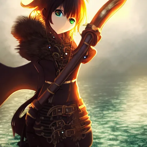 Prompt: anime girl wearing steampunk armor and holding a copper sword, portrait, finely detailed, particles, cinematic lighting, beautiful, lush, trees, river, fog, waterfall,