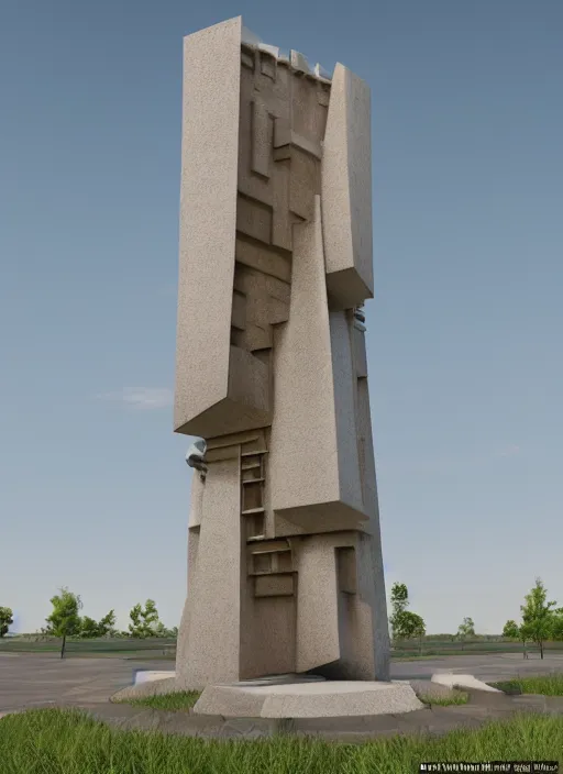 Image similar to highly detailed realistic architecture 3 d render of a futuristic stele monument in frank lloyd wright style standing in city park, archdaily, made in unreal engine 4 octane render