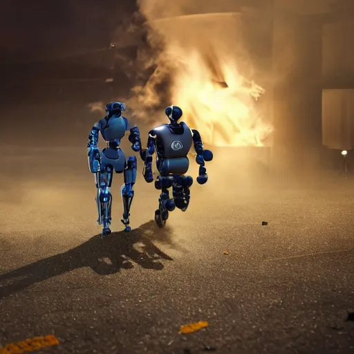 Image similar to a robot carries a wounded human away from an explosion, dramatic lighting