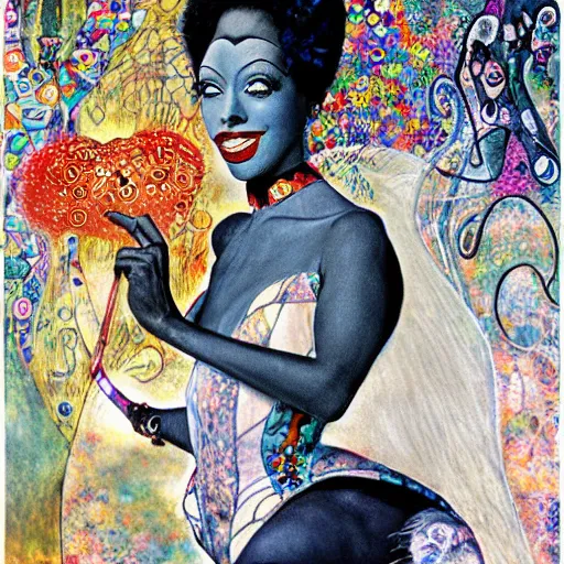 Prompt: josephine baker in alice in wonderland tripping on lsd, intricate detail, painting, klimt, royo, frazetta, whealan,