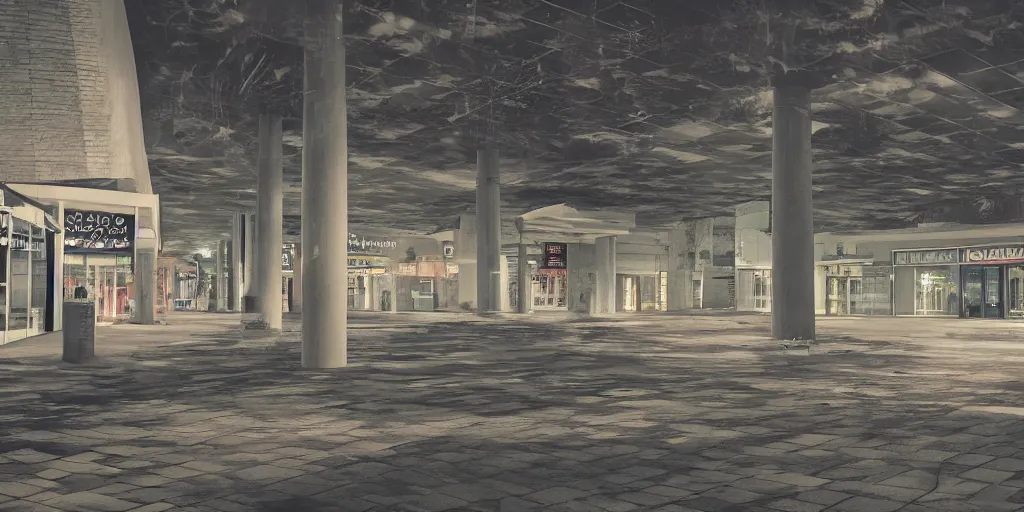 Image similar to abandoned mall at night, a fountain with benches in the middle, subtle wear - and - tear, anime!, award - winning digital art