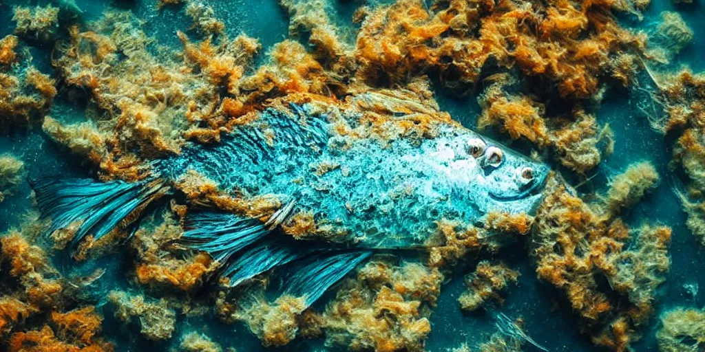 Image similar to fish covered in plastic underwater in the ocean in an eerie feeling and looking dystopian, the sunlight is in rays through the water