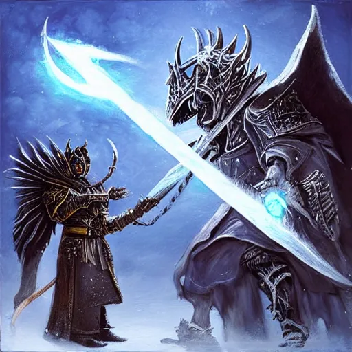 Image similar to “Epic battle between a wizard and the lich king, dramatic lighting, fantasy, detailed painting”