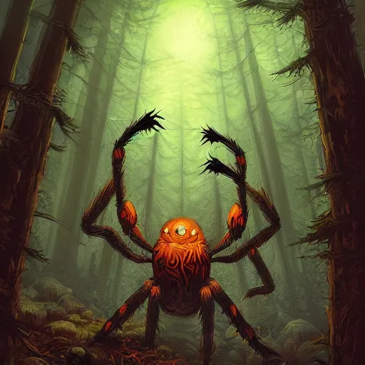 Image similar to giant spider monster in a dark forest, by andreas rocha