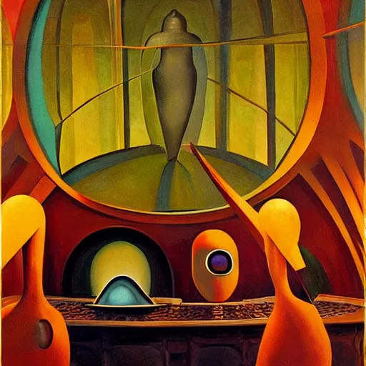 Image similar to three biomorphic robotic seers watchers oracles soothsayers with glowing eyes, inside a dome, pj crook, grant wood, edward hopper, syd mead, chiaroscuro, oil on canvas