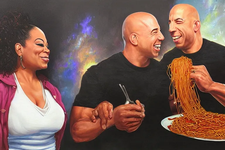 Image similar to portrait of vin diesel and oprah winfrey sharing spaghetti, an oil painting by ross tran and thomas kincade