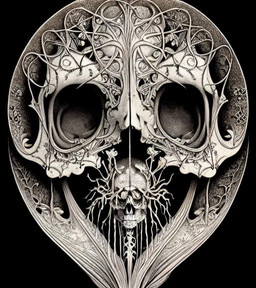 Image similar to art forms of nature by ernst haeckel, memento mori by arthur rackham, ornate antique porcelain beautiful skull mask, ultrasharp, photorealistic, hyperdetailed, octane render, polished, art nouveau, neo - gothic, gothic, intricate ornamental organic filigree, art nouveau botanicals, art forms of nature by ernst haeckel, horizontal symmetry, symbolist, visionary