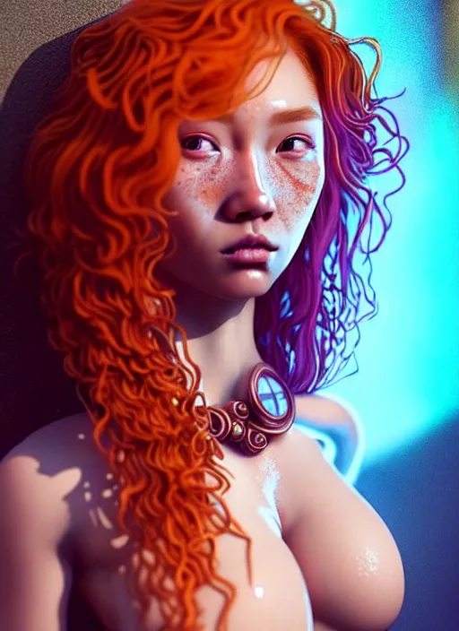 Prompt: an extremely detailed beautiful asian curly redhead female humanoid with freckles, by loish, d & d, fantasy, cyber neon lighting, futurism, intricate futuristic jewelry accessories, cyberpunk orange glossy latex swimsuit, profile posing, perfect anatomy, hyper photorealistic, digital photography, artstation, pinterest, concept art, art by pascal blanche and greg rutkowski,