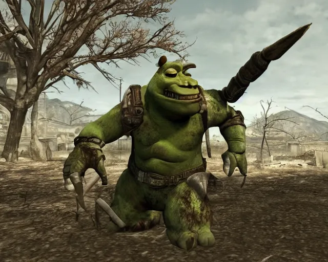 Image similar to screenshot from fallout 3 of shrek fighting a deathclaw, ray tracing, photorealistic graphics, nuka cola factory, swamp vs radiation,