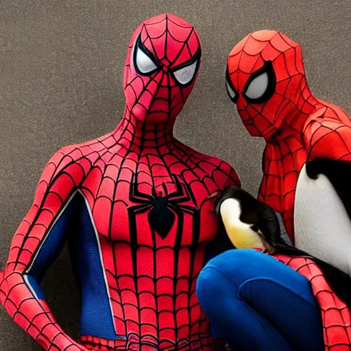 Prompt: photo spider man in a romantic dinner with an emperor penguin