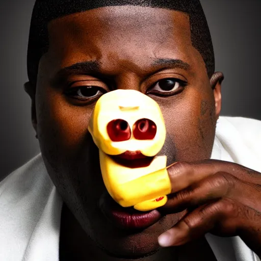 Image similar to angry gucci mane eating bananas in the hood, 8k resolution, full HD, cinematic lighting, award winning, anatomically correct