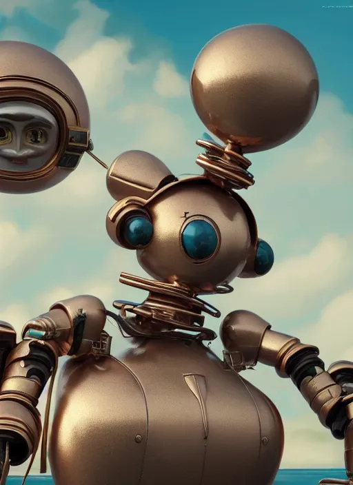 Image similar to highly detailed closeup, profile portrait of a tin toy 1 9 5 0 s robot spaceport, bikini, unreal engine, nicoletta ceccoli, mark ryden, earl norem, lostfish, global illumination, detailed and intricate environment