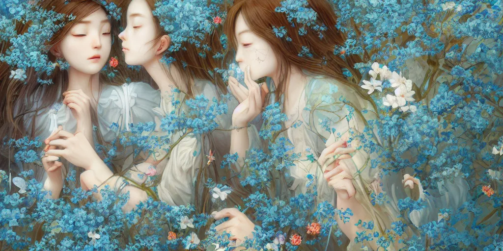 Image similar to breathtaking detailed concept art painting of the kissing goddesses of light blue flowers, orthodox saint, with anxious, piercing eyes, ornate background, amalgamation of leaves and flowers, by Hsiao-Ron Cheng, James jean, Miho Hirano, Hayao Miyazaki, extremely moody lighting, 8K