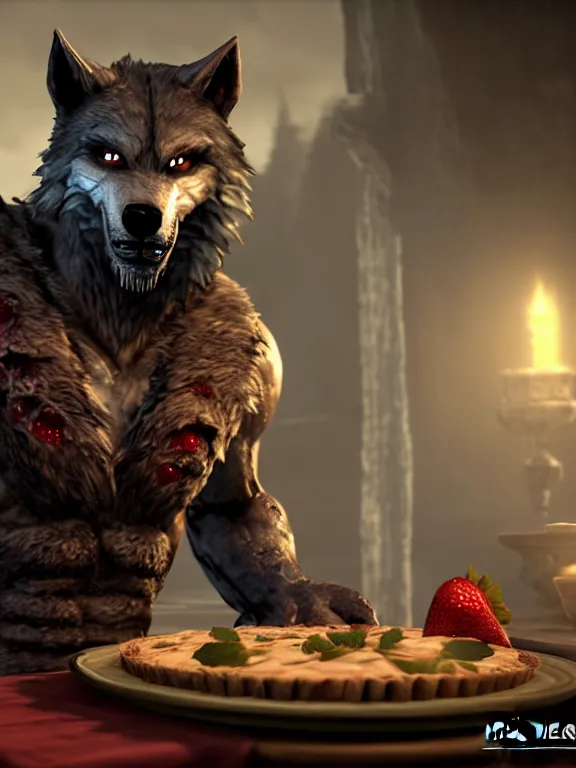 Image similar to cute handsome cuddly burly surly relaxed calm timid werewolf from van helsing sitting down at the breakfast table in the kitchen of a normal country home cooking having fun lighthearted whimsy whimsical baking strawberry tart cakes unreal engine hyperreallistic render 8k character concept art masterpiece screenshot from the video game the Elder Scrolls V: Skyrim