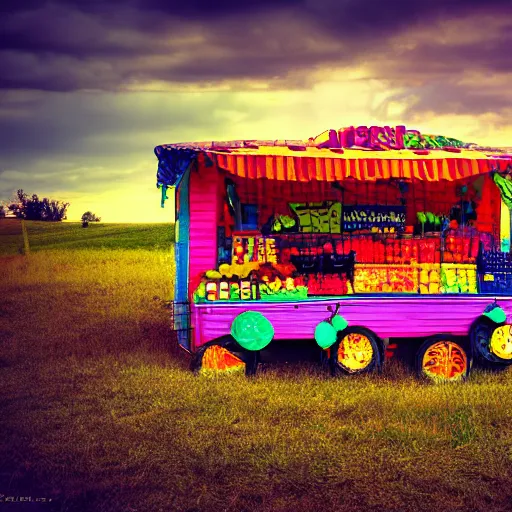 Image similar to colorful ( pop rock candy ), fruit stand on the side of a serene country dirt road, dramatic color, hdr, partly cloudy, 8 k, 4 k, trending on artstation cgsociety, octane ue 5