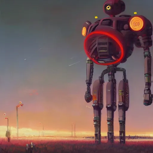 Prompt: an intricate oil painting of a giant anime robot with rounded and circular parts by simon stalenhag