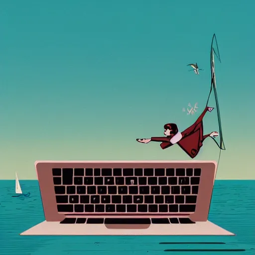 Prompt: postal employee holding a macbook on a boat waving to a surfer in the ocean, sphinx cat, scientific, Kilian Eng