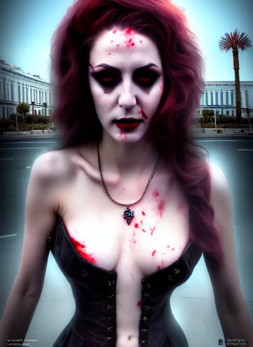 Prompt: realistic matte painting, full length portrait, the duchess of blood owns the las vegas strip, vampire, highly detailed, CGsociety, concept art, HDR, hyper realistic, volumetric lighting, subsurface scattering, unreal