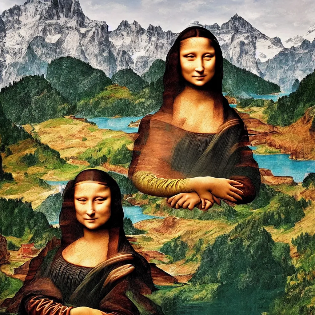 Image similar to A girl that looks like the mona lisa with beautiful switzerland landscape in the background